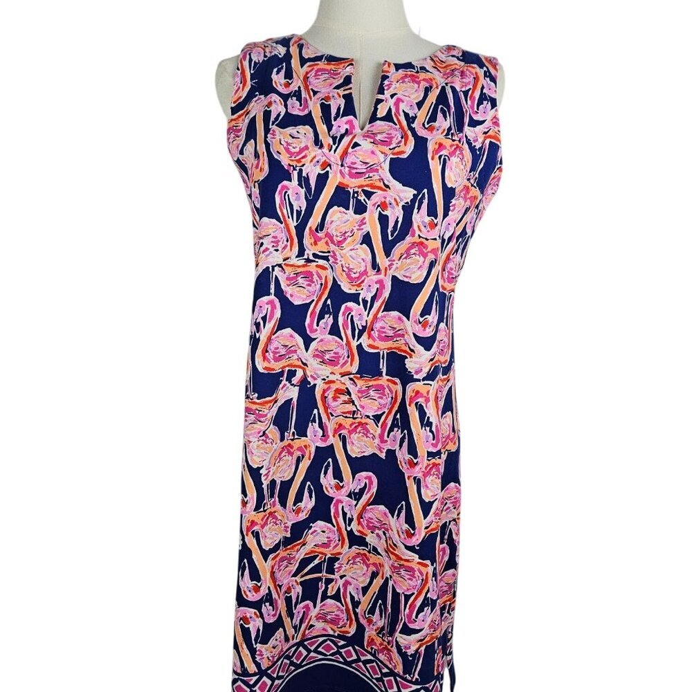 Barbara Erickson Dress Small Flamingo Sleeveless Cotton Blue Pink Shift Tropical